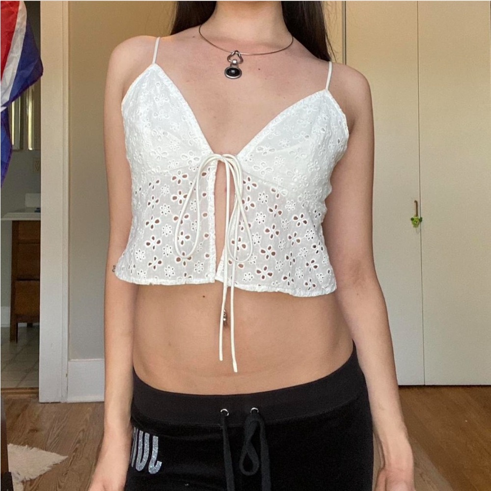 Eyelet lace tie front tank top